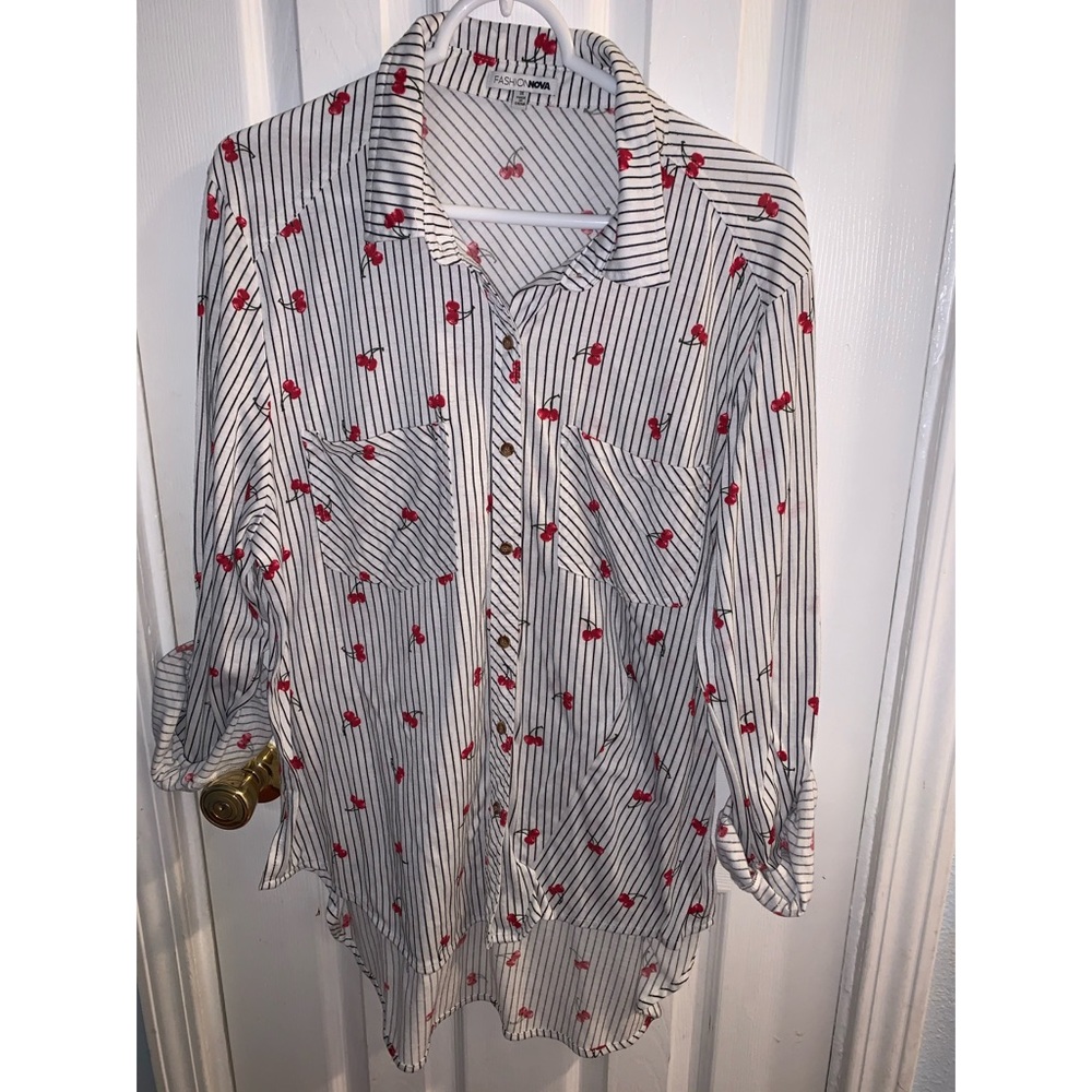 Fashion Nova Cherry Striped Button Shirt